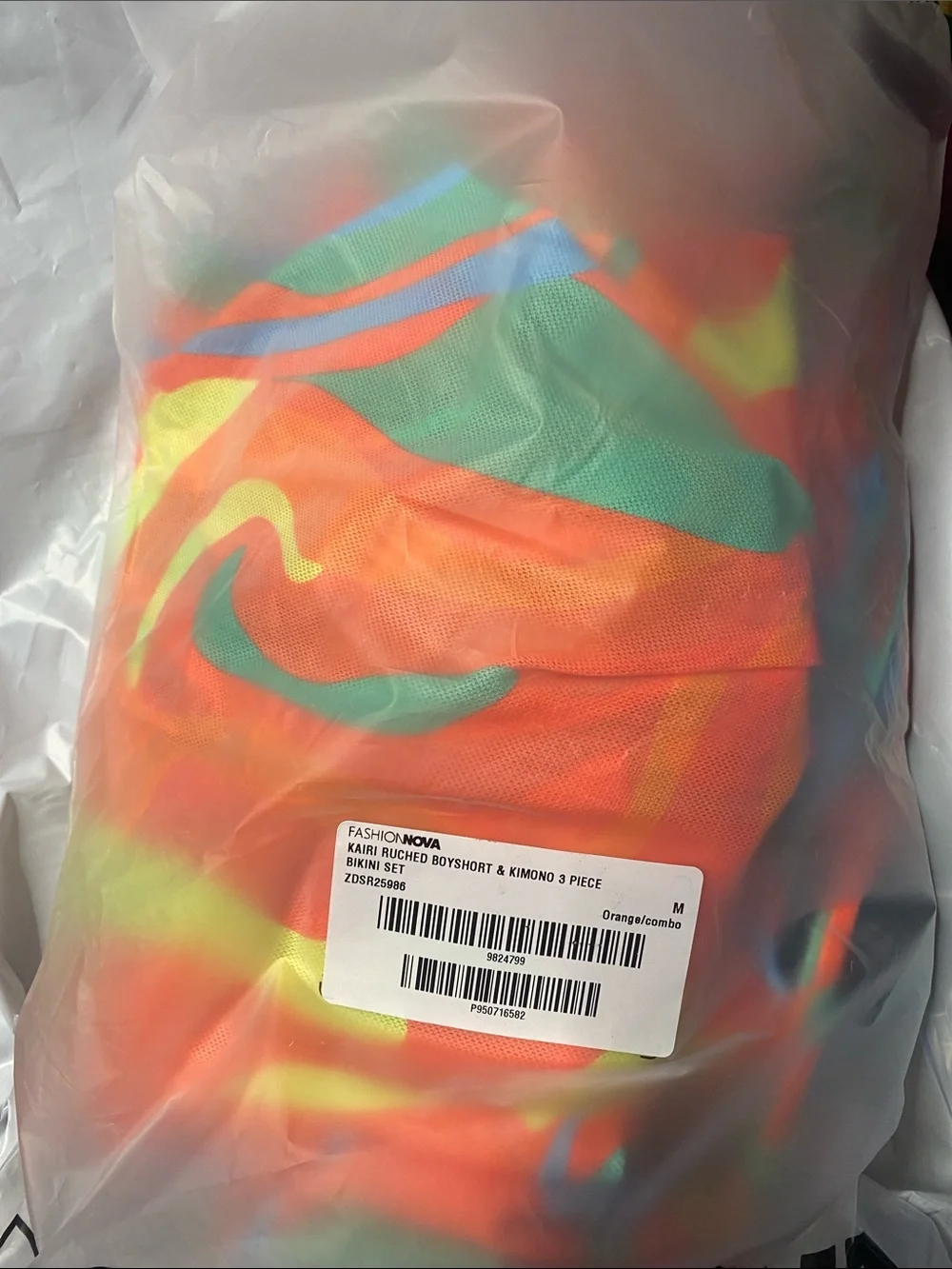 Fashion Nova Neon Orange & Aqua Swirl Bikini Set with Cover-Up